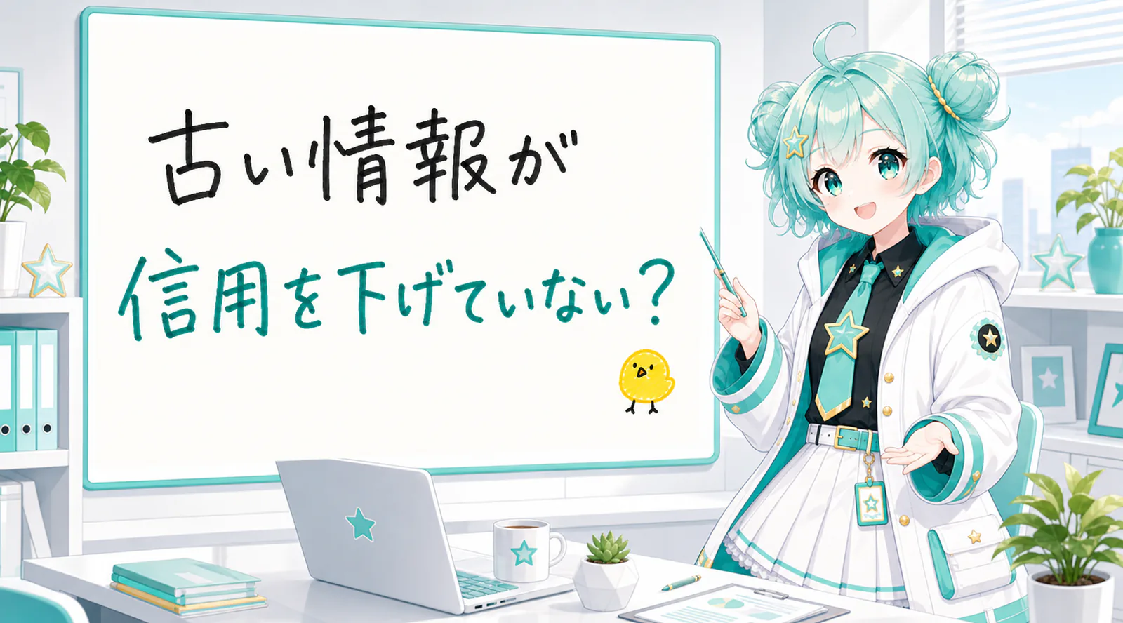 「古い情報が信用を下げていない?」と手書きされたホワイトボードを指す公式キャラクターと、ひよこの落書き
