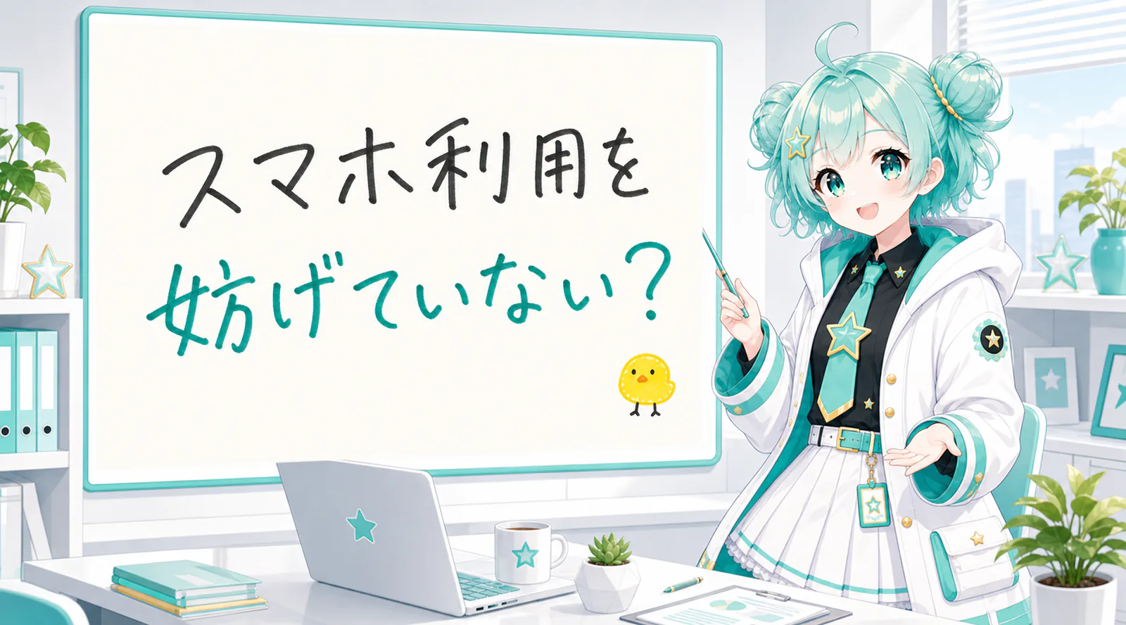 「スマホ利用を妨げていない?」と手書きされたホワイトボードを指す公式キャラクターと、ひよこの落書き