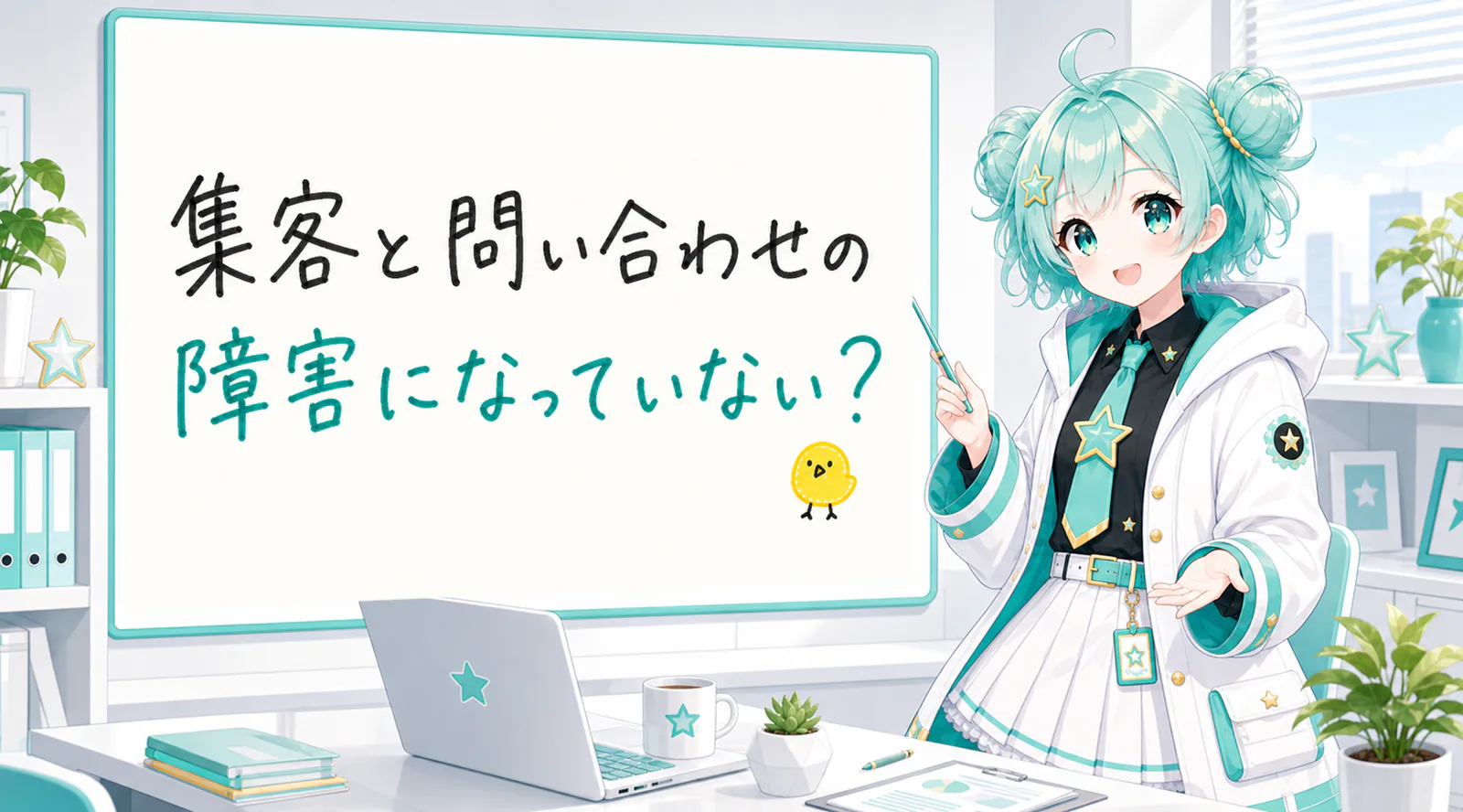 「集客と問い合わせの障害になっていない?」と手書きされたホワイトボードを指す公式キャラクターと、ひよこの落書き