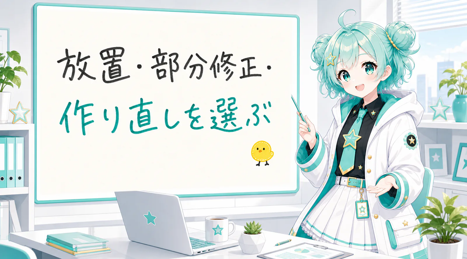 「放置・部分修正・作り直しを選ぶ」と手書きされたホワイトボードを指す公式キャラクターと、ひよこの落書き