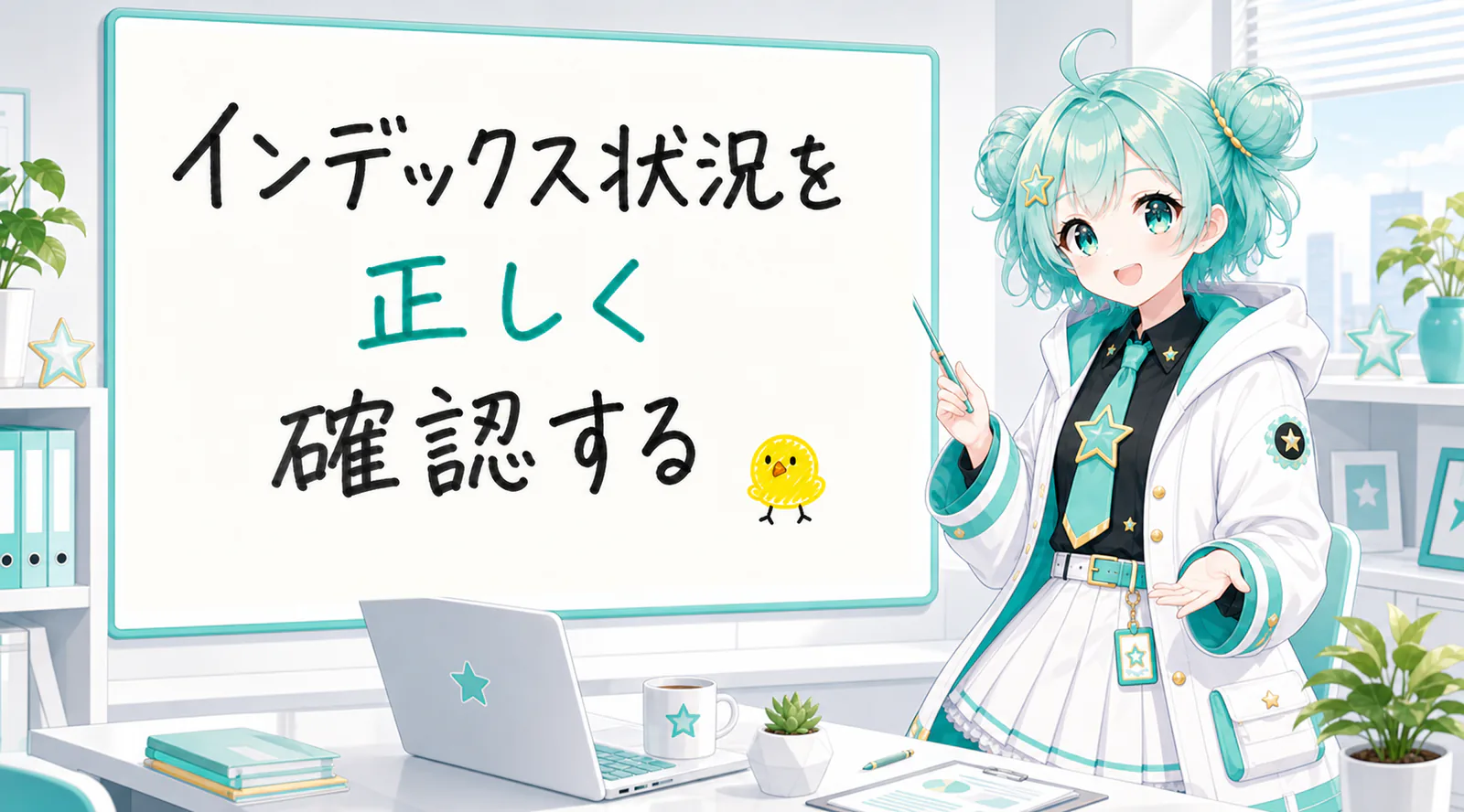 「インデックス状況を正しく確認する」と手書きされたホワイトボードを指す公式キャラクターと、ひよこの落書き