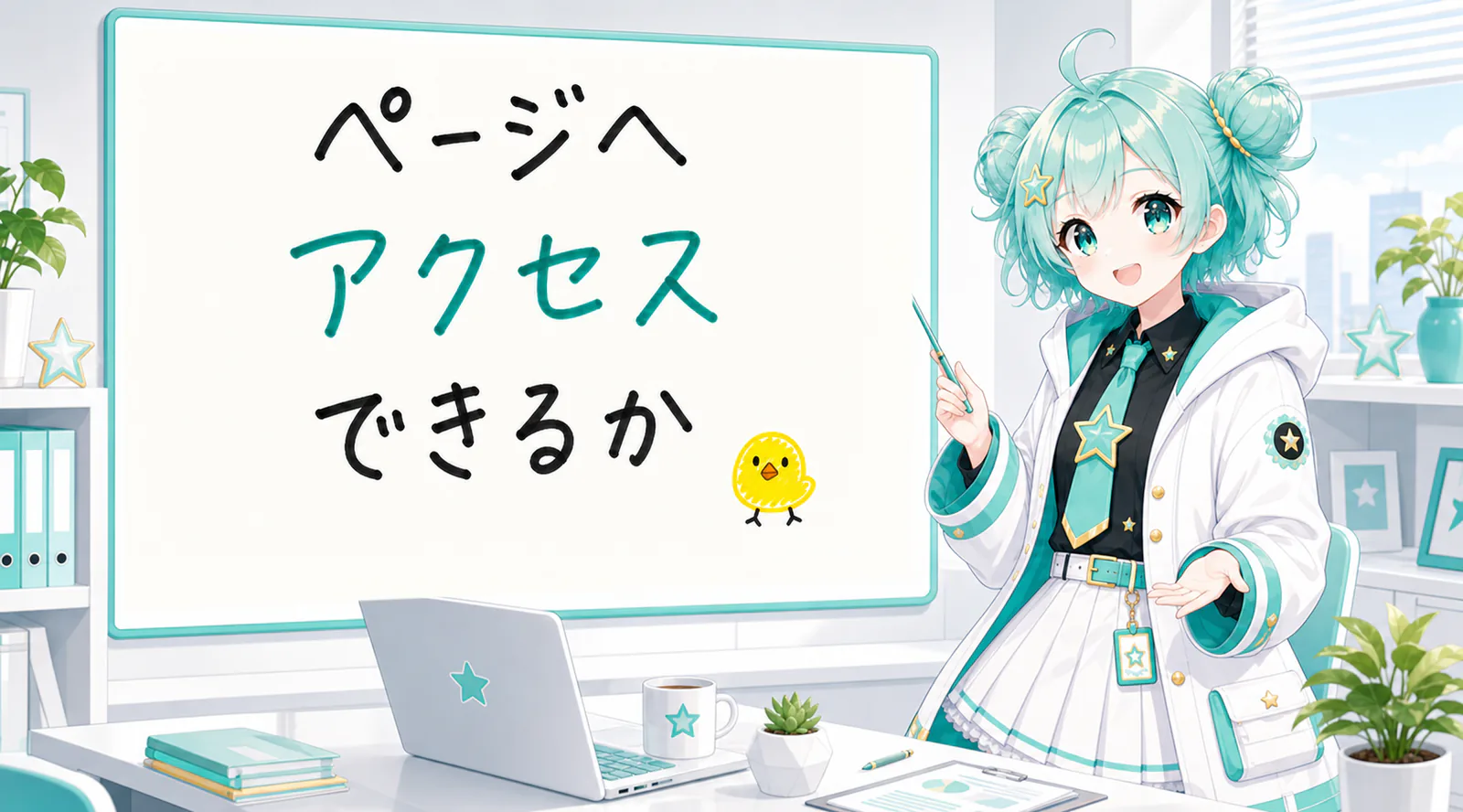 「ページへアクセスできるか」と手書きされたホワイトボードを指す公式キャラクターと、ひよこの落書き
