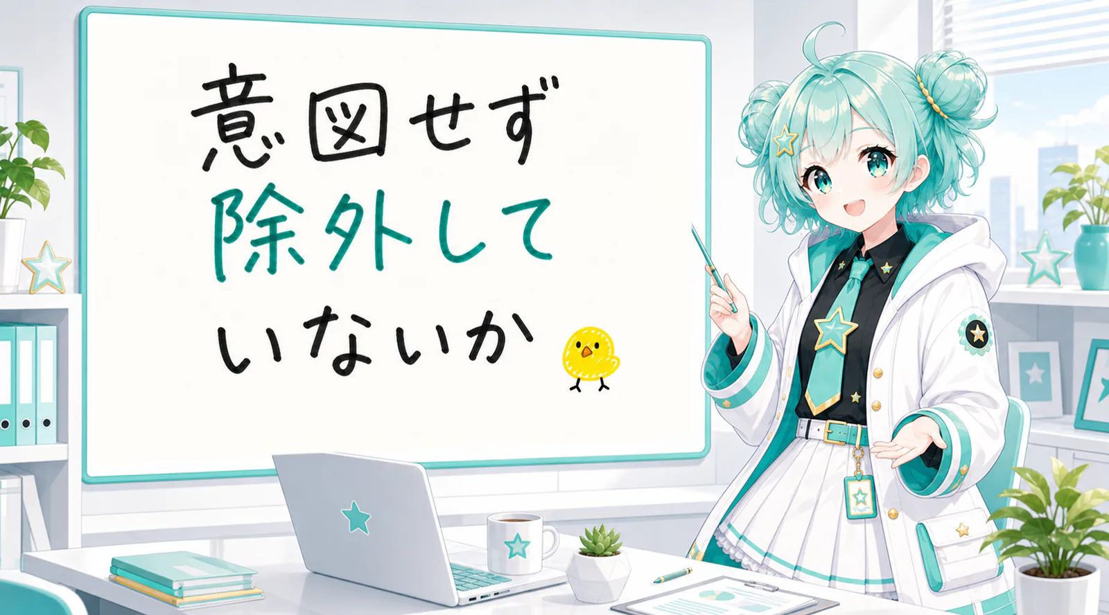 「意図せず除外していないか」と手書きされたホワイトボードを指す公式キャラクターと、ひよこの落書き