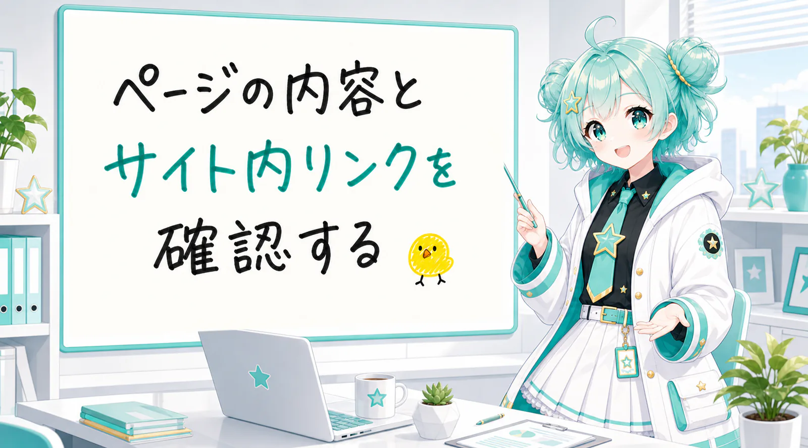 「ページの内容とサイト内リンクを確認する」と手書きされたホワイトボードを指す公式キャラクターと、ひよこの落書き