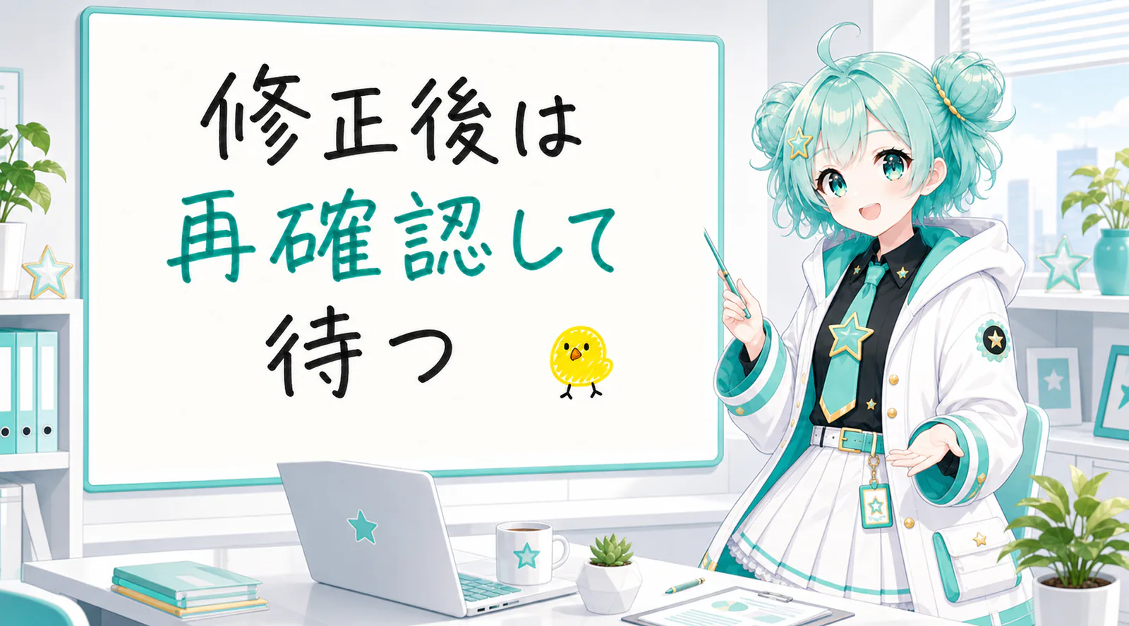 「修正後は再確認して待つ」と手書きされたホワイトボードを指す公式キャラクターと、ひよこの落書き