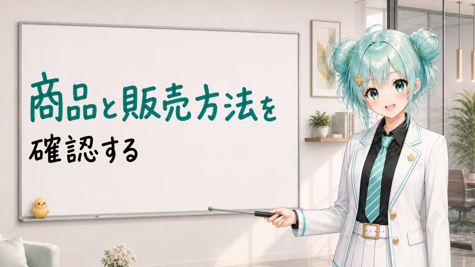 「商品と販売方法を確認する」と手書きされたホワイトボードを指す公式キャラクターと、ひよこの落書き