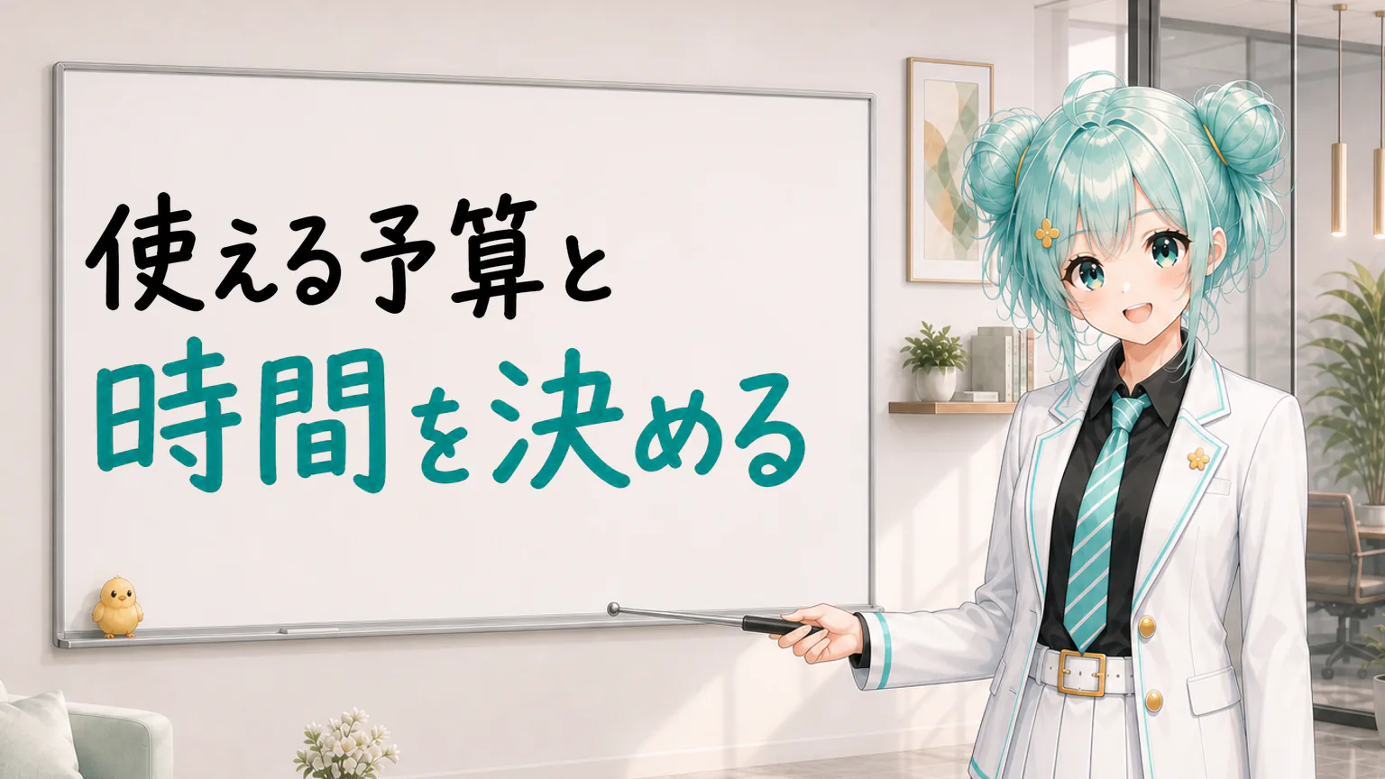 「使える予算と時間を決める」と手書きされたホワイトボードを指す公式キャラクターと、ひよこの落書き