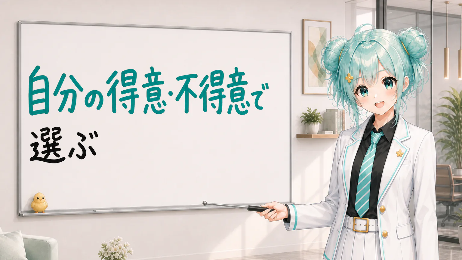 「自分の得意・不得意で選ぶ」と手書きされたホワイトボードを指す公式キャラクターと、ひよこの落書き