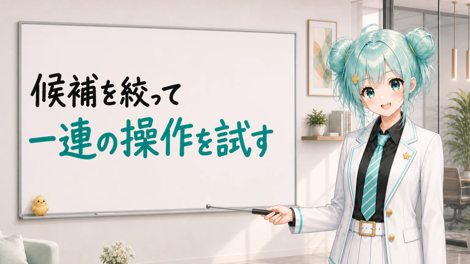 「候補を絞って一連の操作を試す」と手書きされたホワイトボードを指す公式キャラクターと、ひよこの落書き