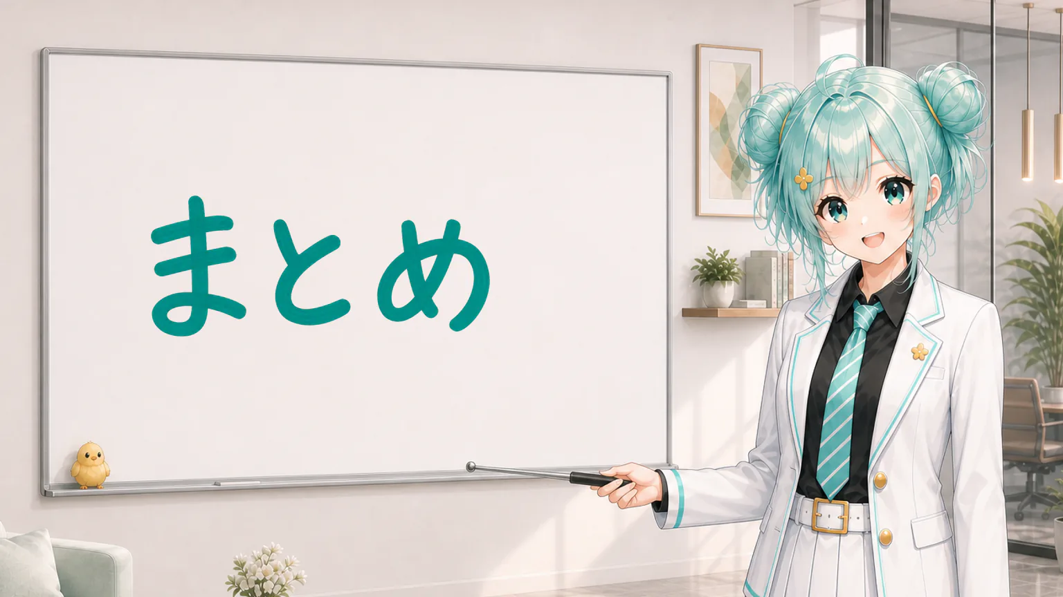 「まとめ」と手書きされたホワイトボードを指す公式キャラクターと、ひよこの落書き