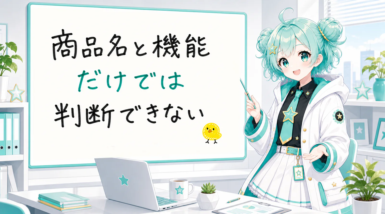 「商品名と機能だけでは判断できない」と手書きされたホワイトボードを指す公式キャラクターと、ひよこの落書き