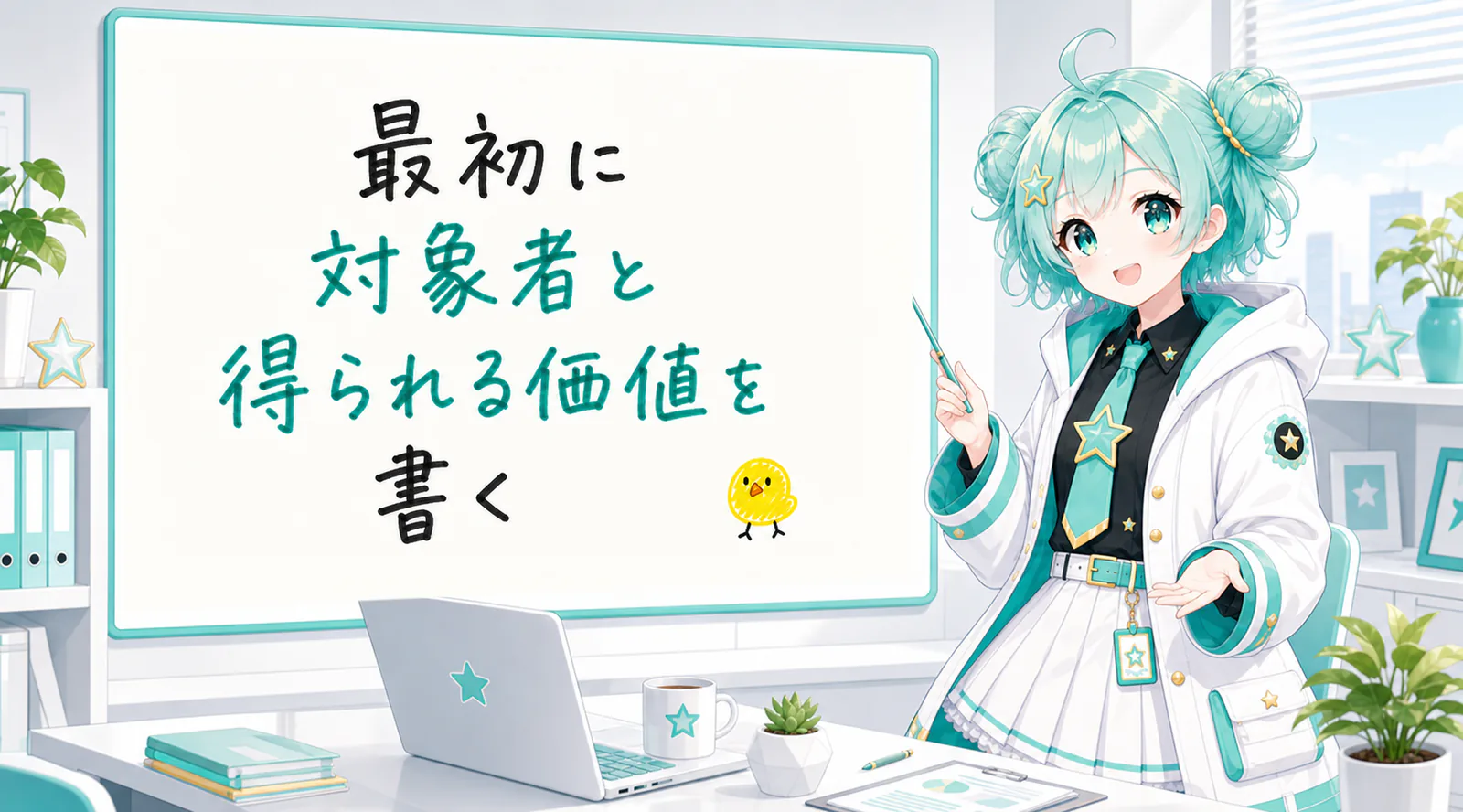 「最初に対象者と得られる価値を書く」と手書きされたホワイトボードを指す公式キャラクターと、ひよこの落書き