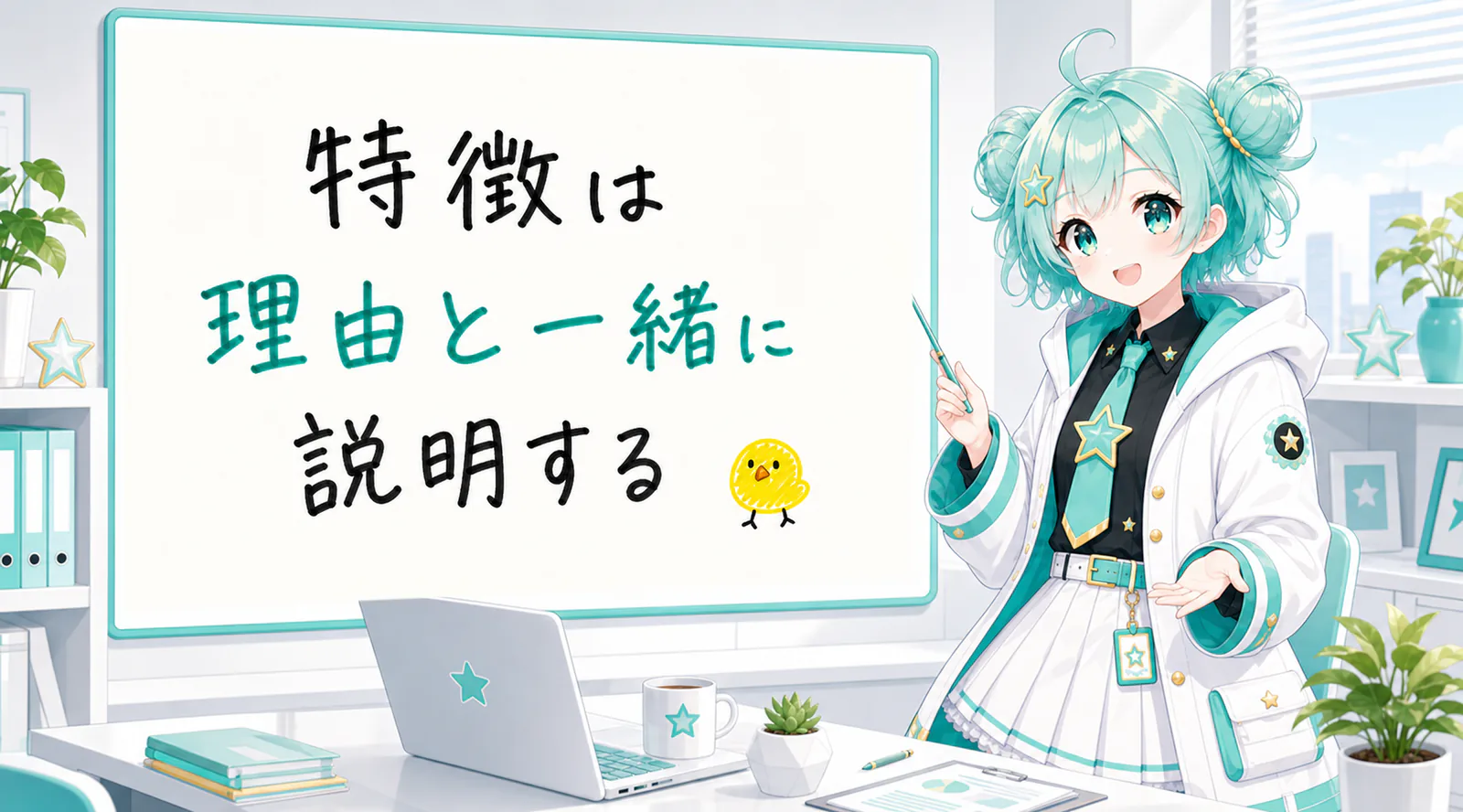 「特徴は理由と一緒に説明する」と手書きされたホワイトボードを指す公式キャラクターと、ひよこの落書き