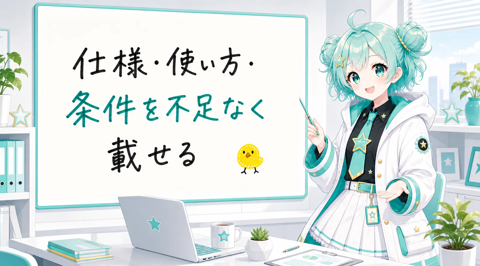 「仕様・使い方・条件を不足なく載せる」と手書きされたホワイトボードを指す公式キャラクターと、ひよこの落書き