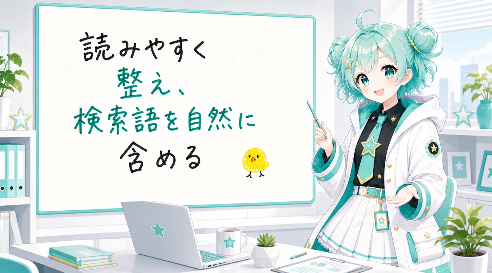 「読みやすく整え、検索語を自然に含める」と手書きされたホワイトボードを指す公式キャラクターと、ひよこの落書き