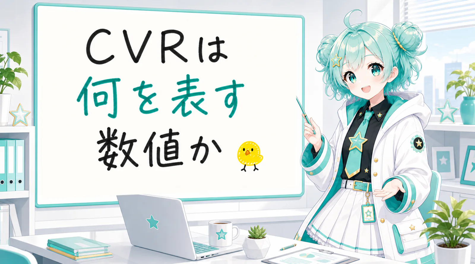 「CVRは何を表す数値か」と手書きされたホワイトボードを指す公式キャラクターと、ひよこの落書き