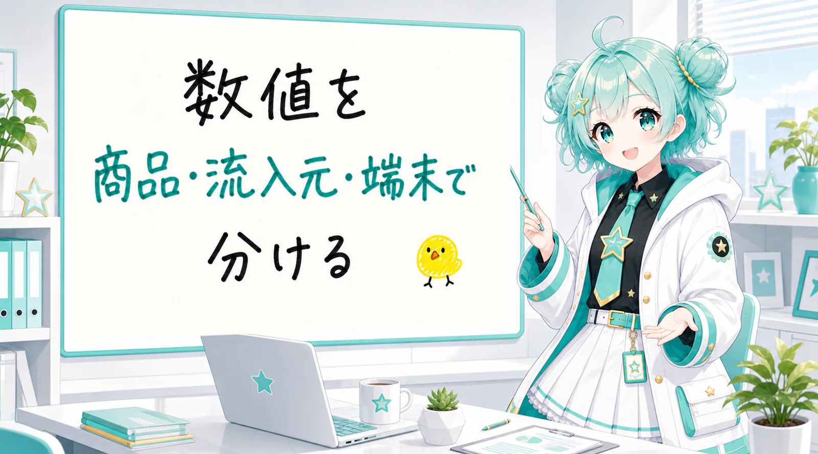 「数値を商品・流入元・端末で分ける」と手書きされたホワイトボードを指す公式キャラクターと、ひよこの落書き