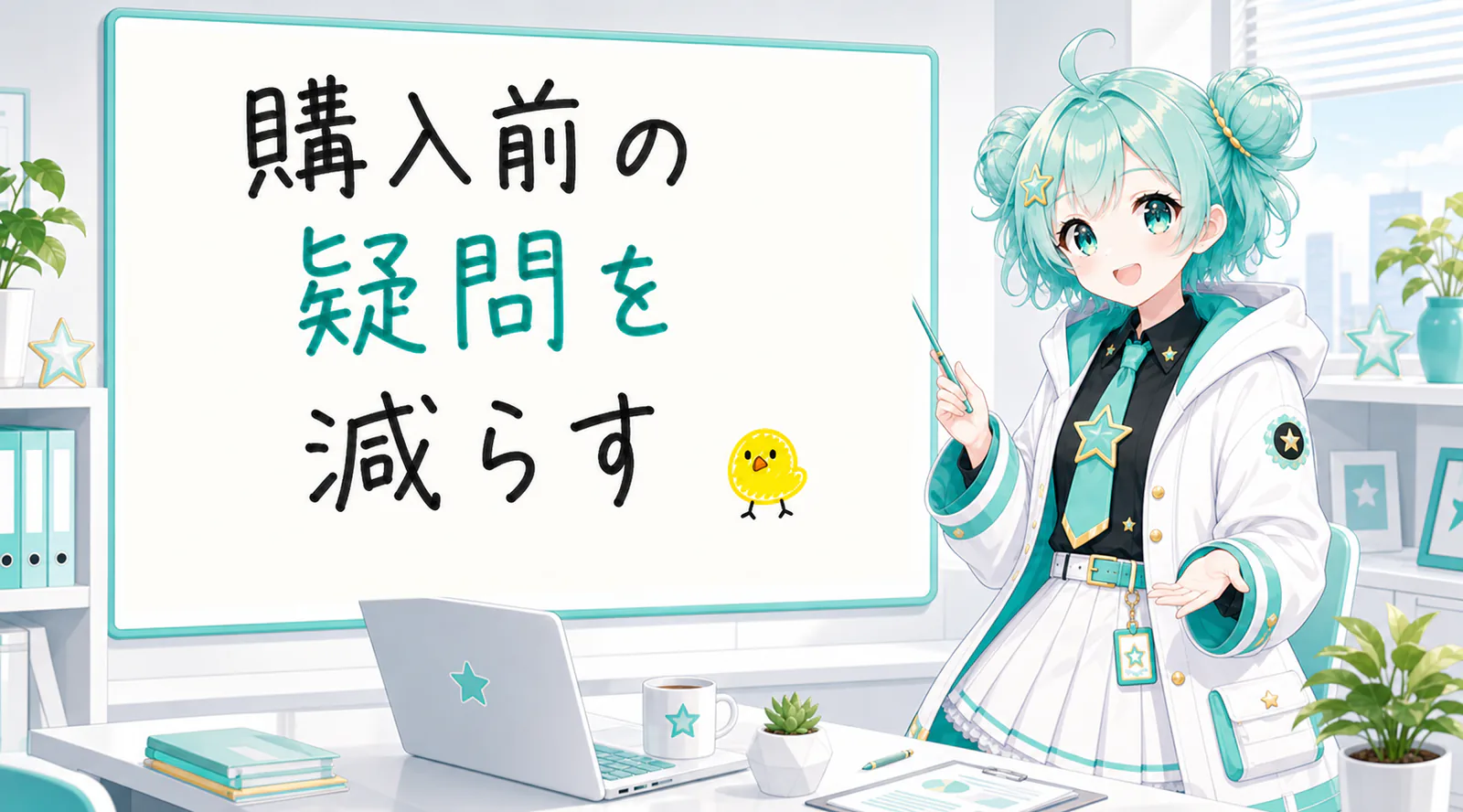 「購入前の疑問を減らす」と手書きされたホワイトボードを指す公式キャラクターと、ひよこの落書き