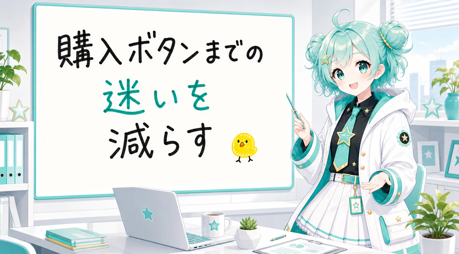 「購入ボタンまでの迷いを減らす」と手書きされたホワイトボードを指す公式キャラクターと、ひよこの落書き