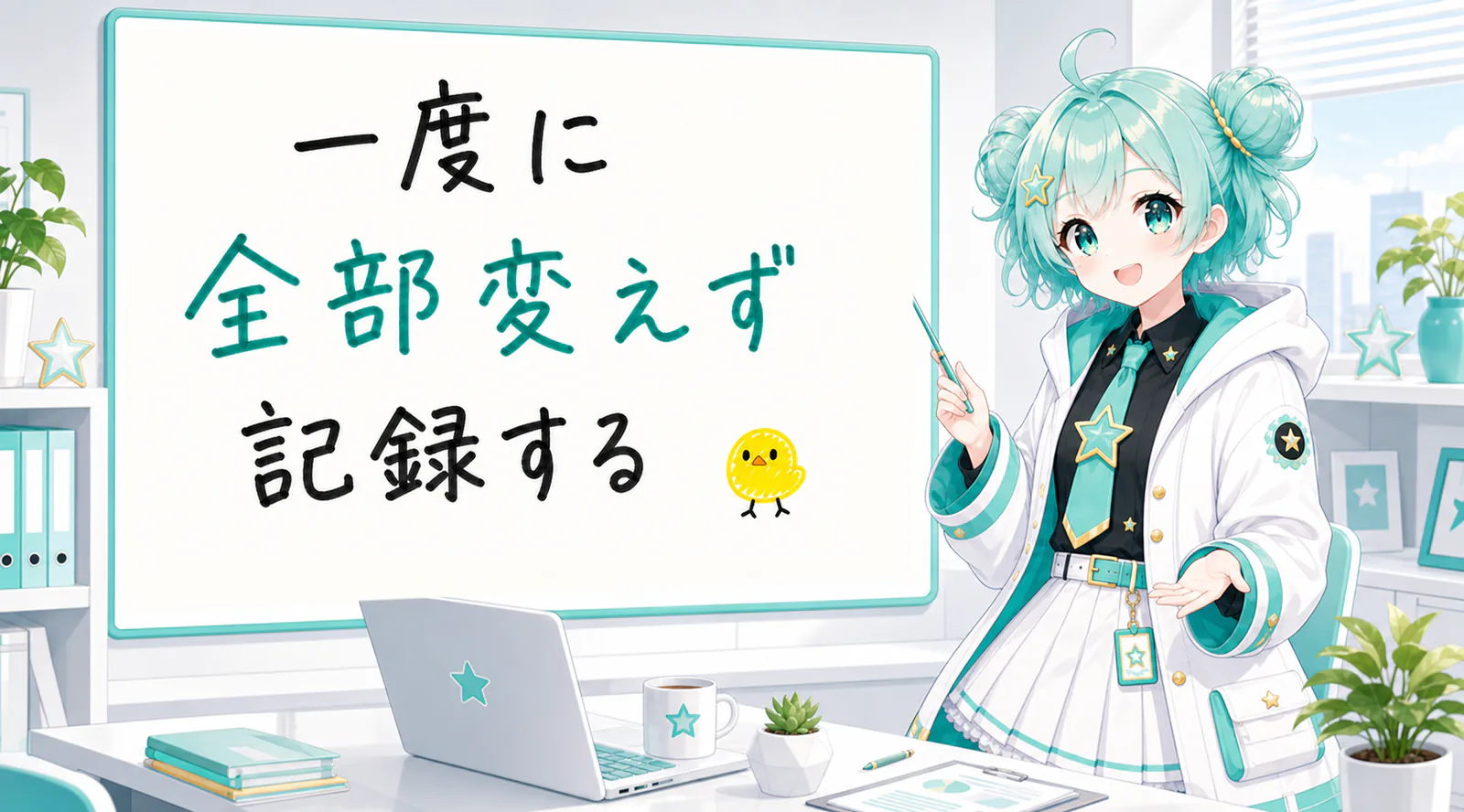「一度に全部変えず記録する」と手書きされたホワイトボードを指す公式キャラクターと、ひよこの落書き