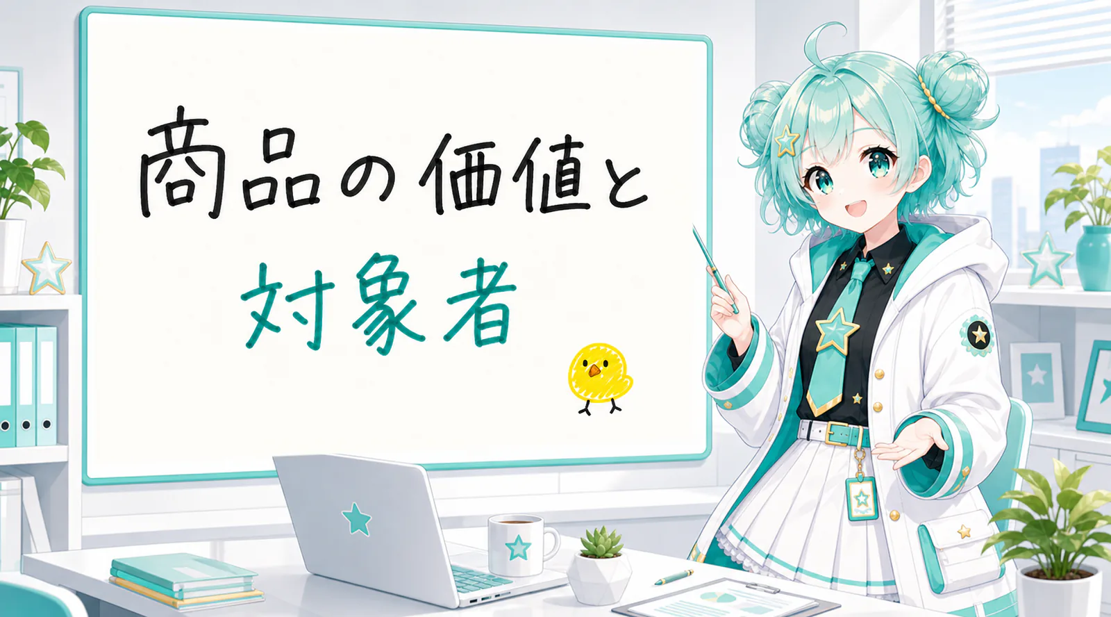 「商品の価値と対象者」と手書きされたホワイトボードを指す公式キャラクターと、ひよこの落書き