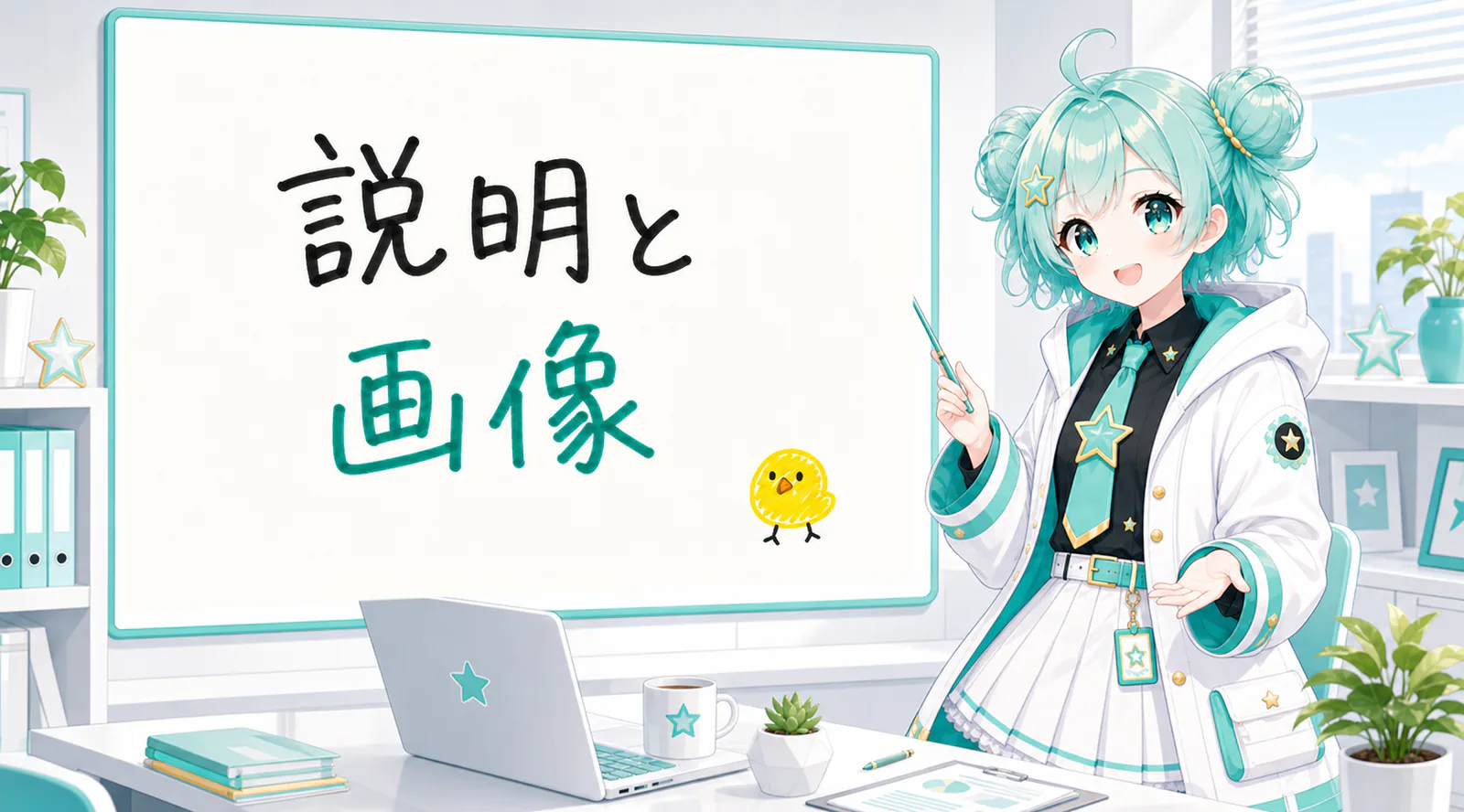 「説明と画像」と手書きされたホワイトボードを指す公式キャラクターと、ひよこの落書き