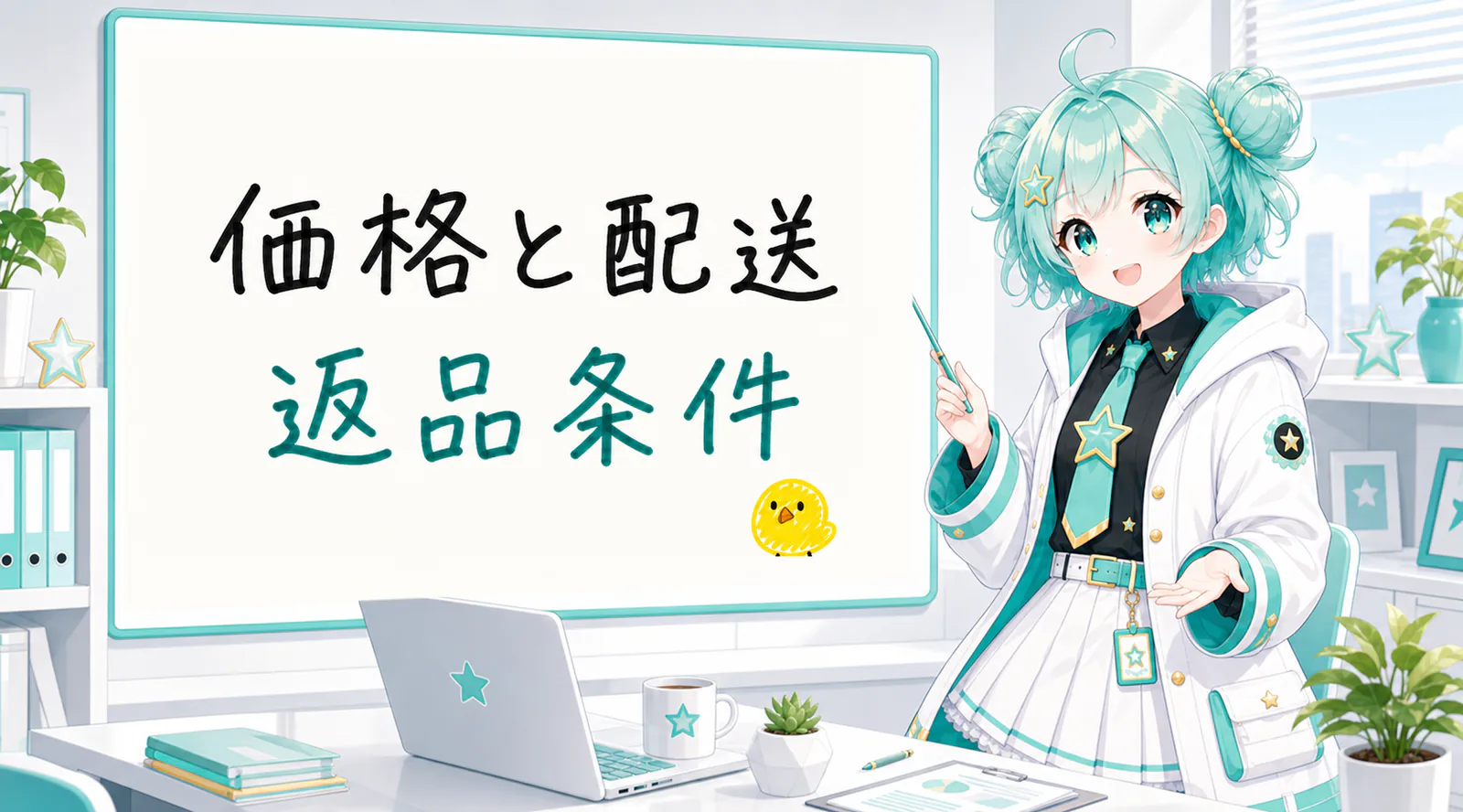 「価格と配送 返品条件」と手書きされたホワイトボードを指す公式キャラクターと、ひよこの落書き