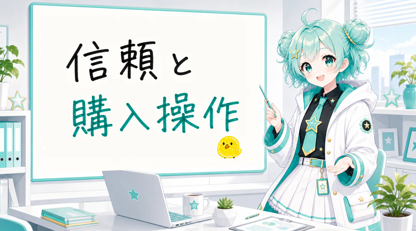 「信頼と購入操作」と手書きされたホワイトボードを指す公式キャラクターと、ひよこの落書き