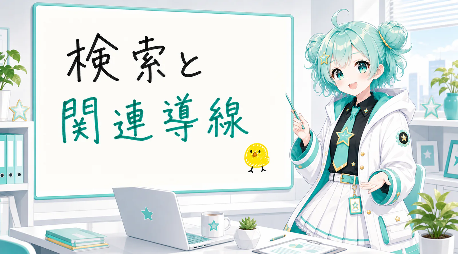 「検索と関連導線」と手書きされたホワイトボードを指す公式キャラクターと、ひよこの落書き