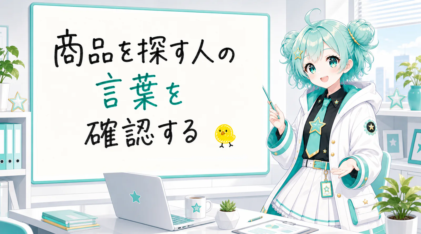 「商品を探す人の言葉を確認する」と手書きされたホワイトボードを指す公式キャラクターと、ひよこの落書き