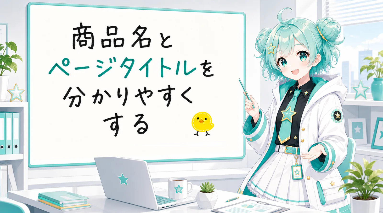 「商品名とページタイトルを分かりやすくする」と手書きされたホワイトボードを指す公式キャラクターと、ひよこの落書き