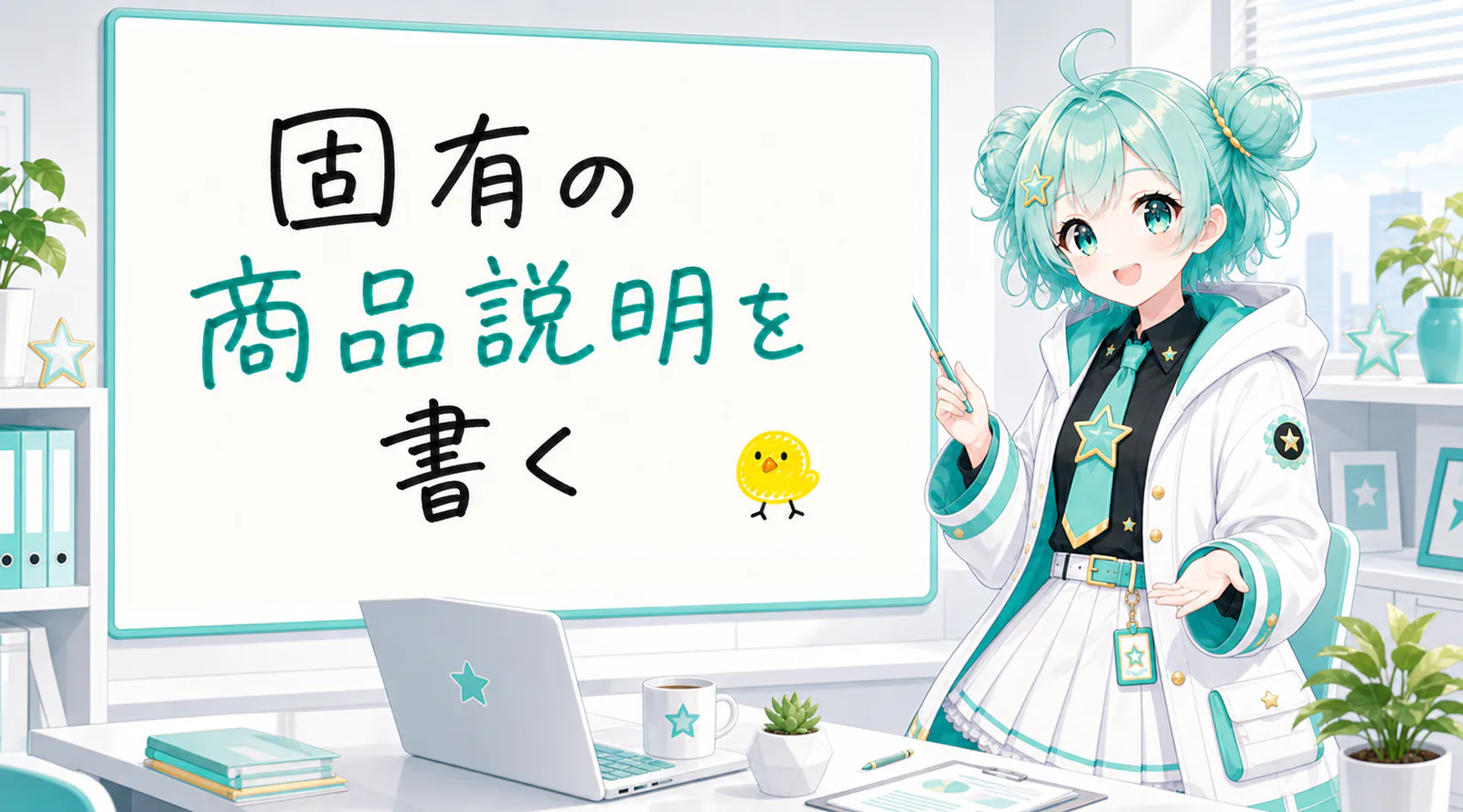 「固有の商品説明を書く」と手書きされたホワイトボードを指す公式キャラクターと、ひよこの落書き