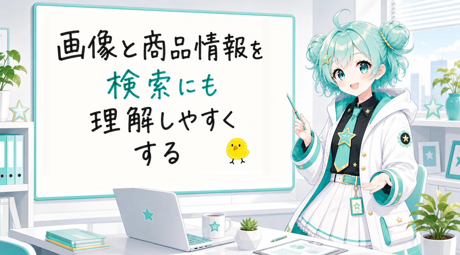「画像と商品情報を検索にも理解しやすくする」と手書きされたホワイトボードを指す公式キャラクターと、ひよこの落書き