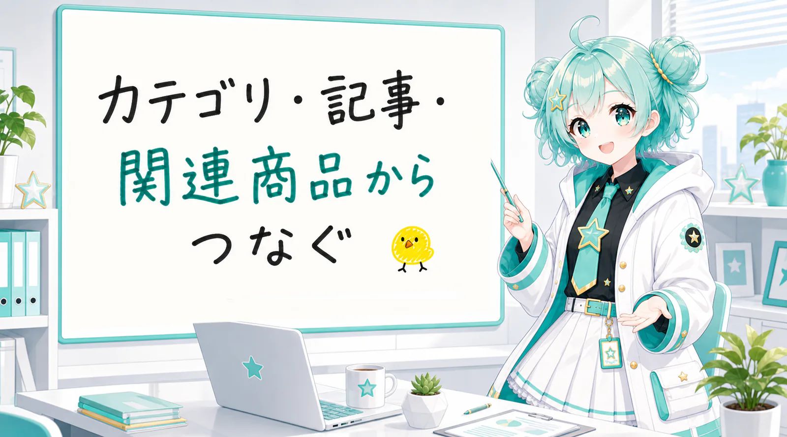 「カテゴリ・記事・関連商品からつなぐ」と手書きされたホワイトボードを指す公式キャラクターと、ひよこの落書き