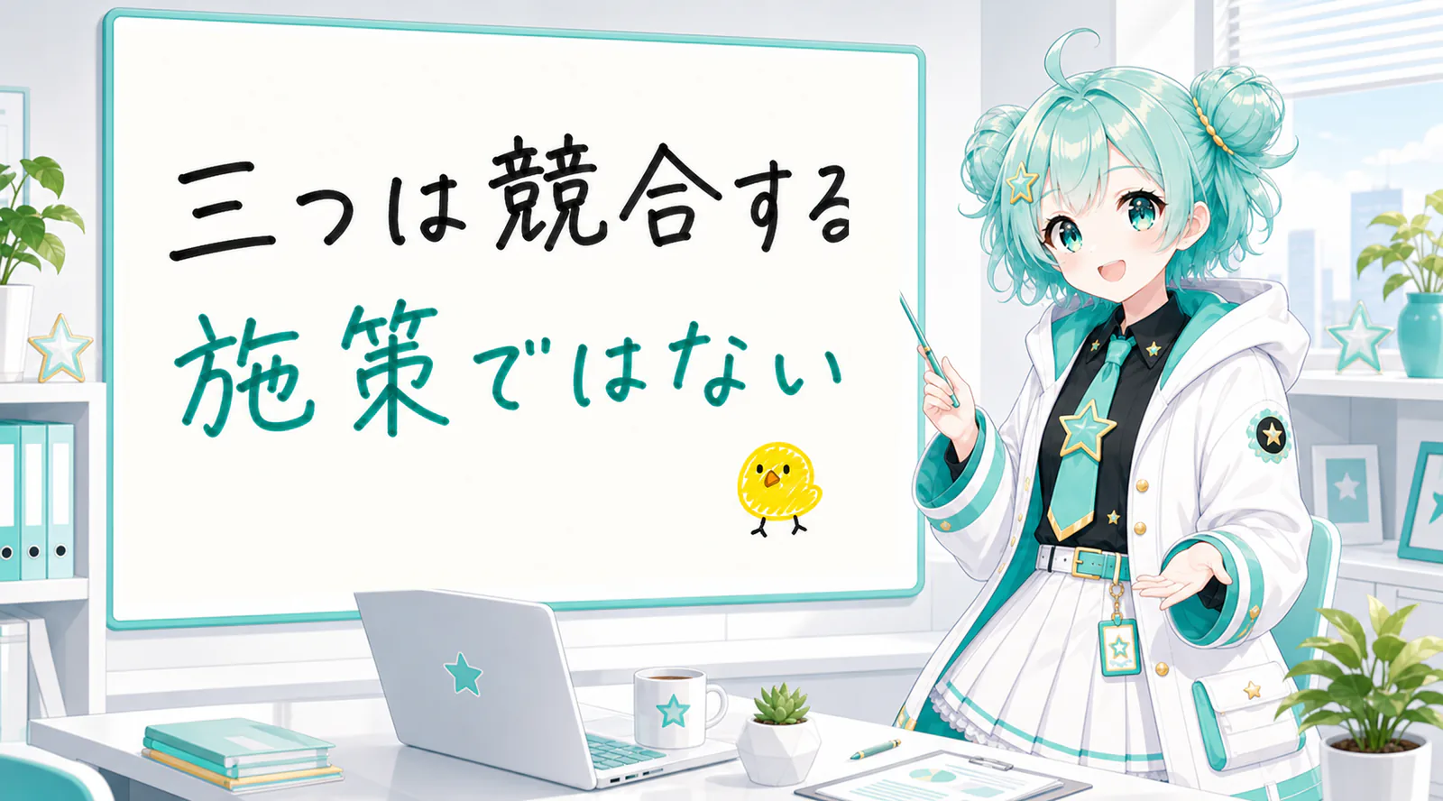 「三つは競合する施策ではない」と手書きされたホワイトボードを指す公式キャラクターと、ひよこの落書き