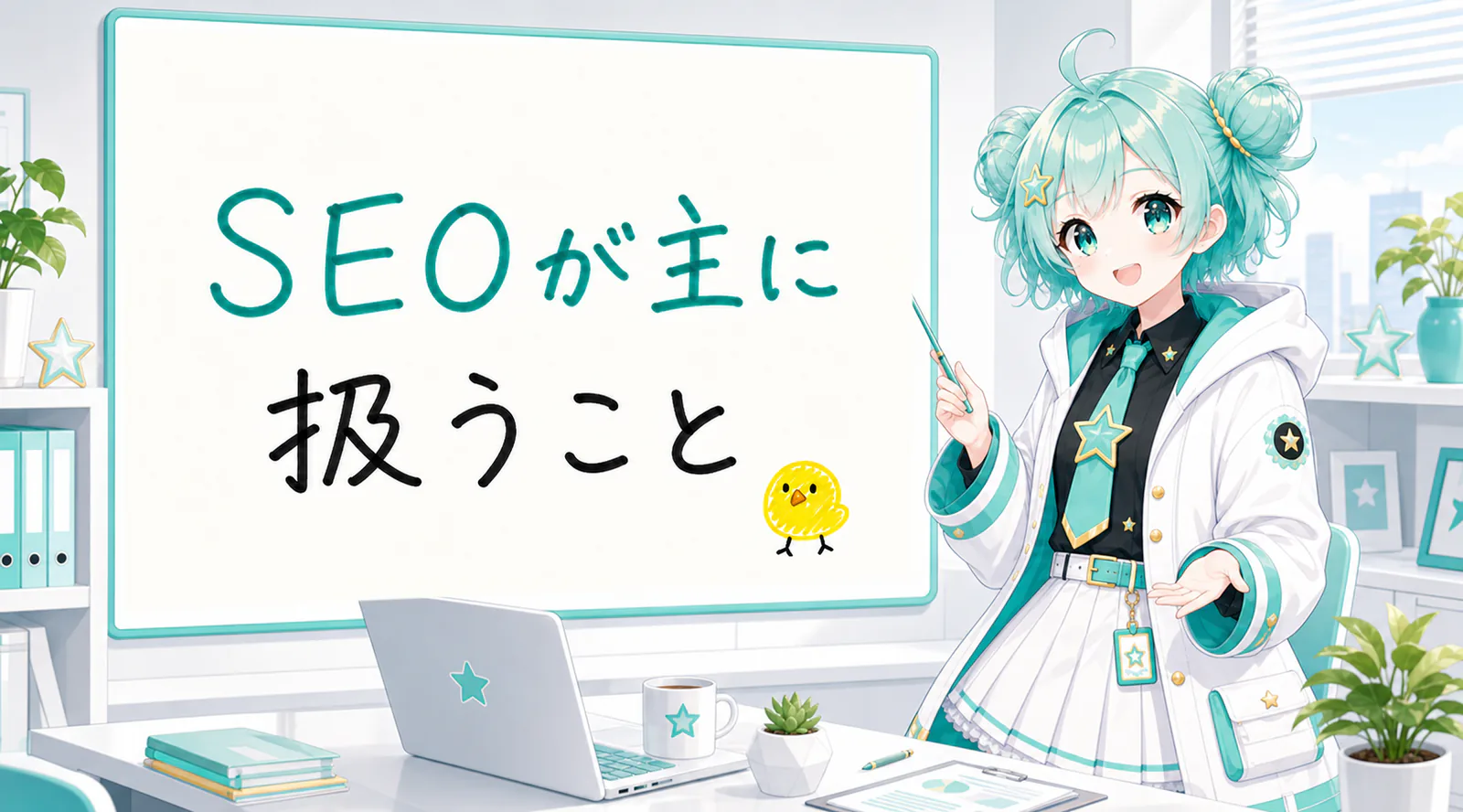 「SEOが主に扱うこと」と手書きされたホワイトボードを指す公式キャラクターと、ひよこの落書き