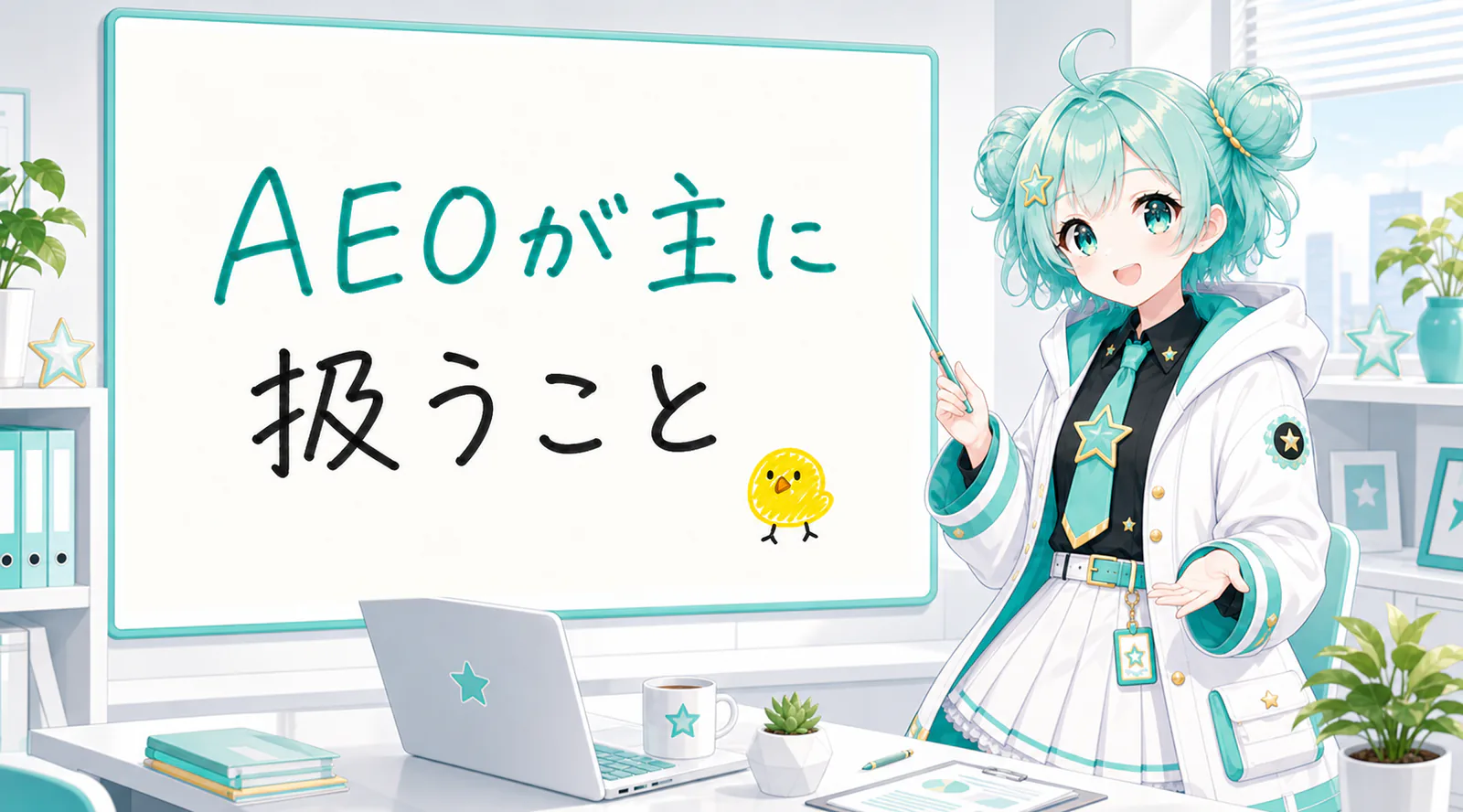 「AEOが主に扱うこと」と手書きされたホワイトボードを指す公式キャラクターと、ひよこの落書き