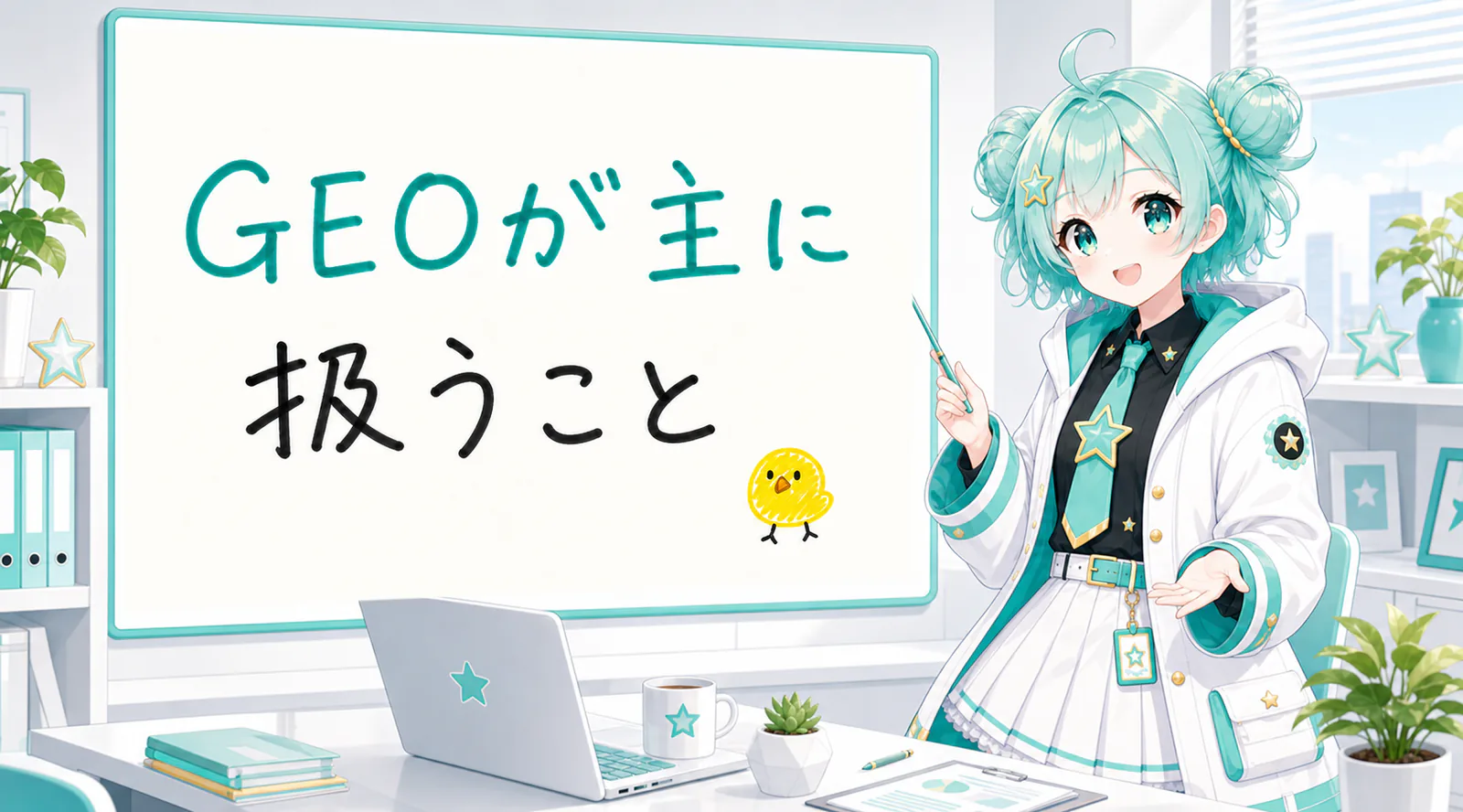 「GEOが主に扱うこと」と手書きされたホワイトボードを指す公式キャラクターと、ひよこの落書き