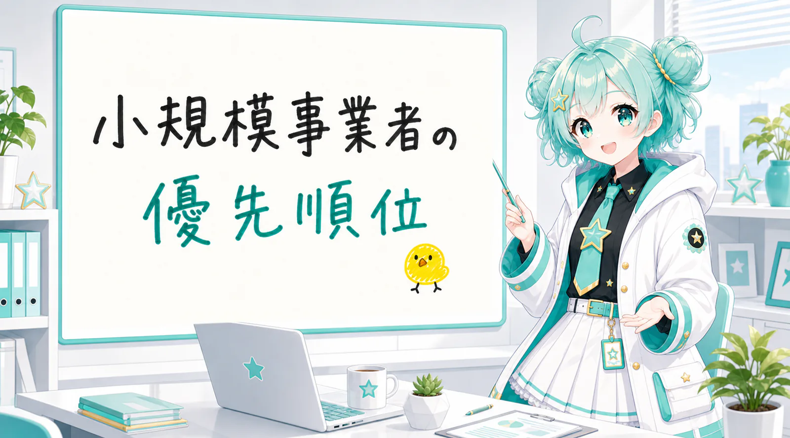 「小規模事業者の優先順位」と手書きされたホワイトボードを指す公式キャラクターと、ひよこの落書き