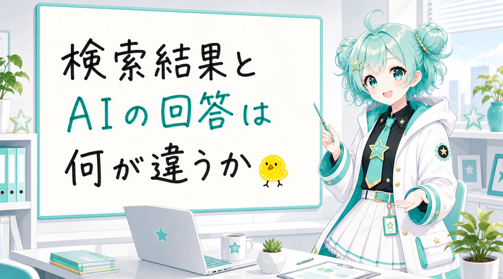 「検索結果とAIの回答は何が違うか」と手書きされたホワイトボードを指す公式キャラクターと、ひよこの落書き