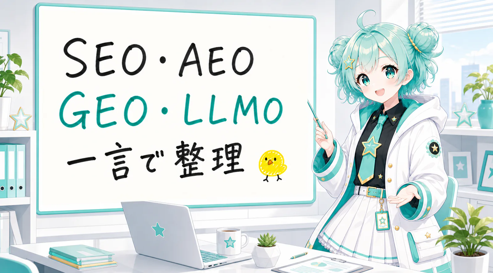「SEO・AEO GEO・LLMO 一言で整理」と手書きされたホワイトボードを指す公式キャラクターと、ひよこの落書き
