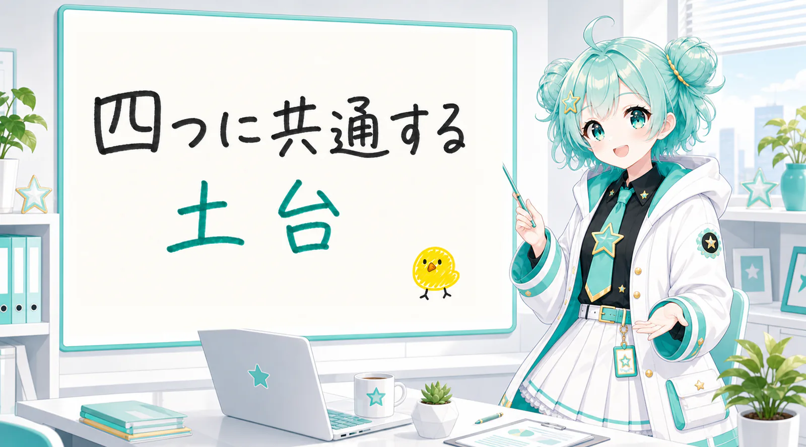 「四つに共通する土台」と手書きされたホワイトボードを指す公式キャラクターと、ひよこの落書き