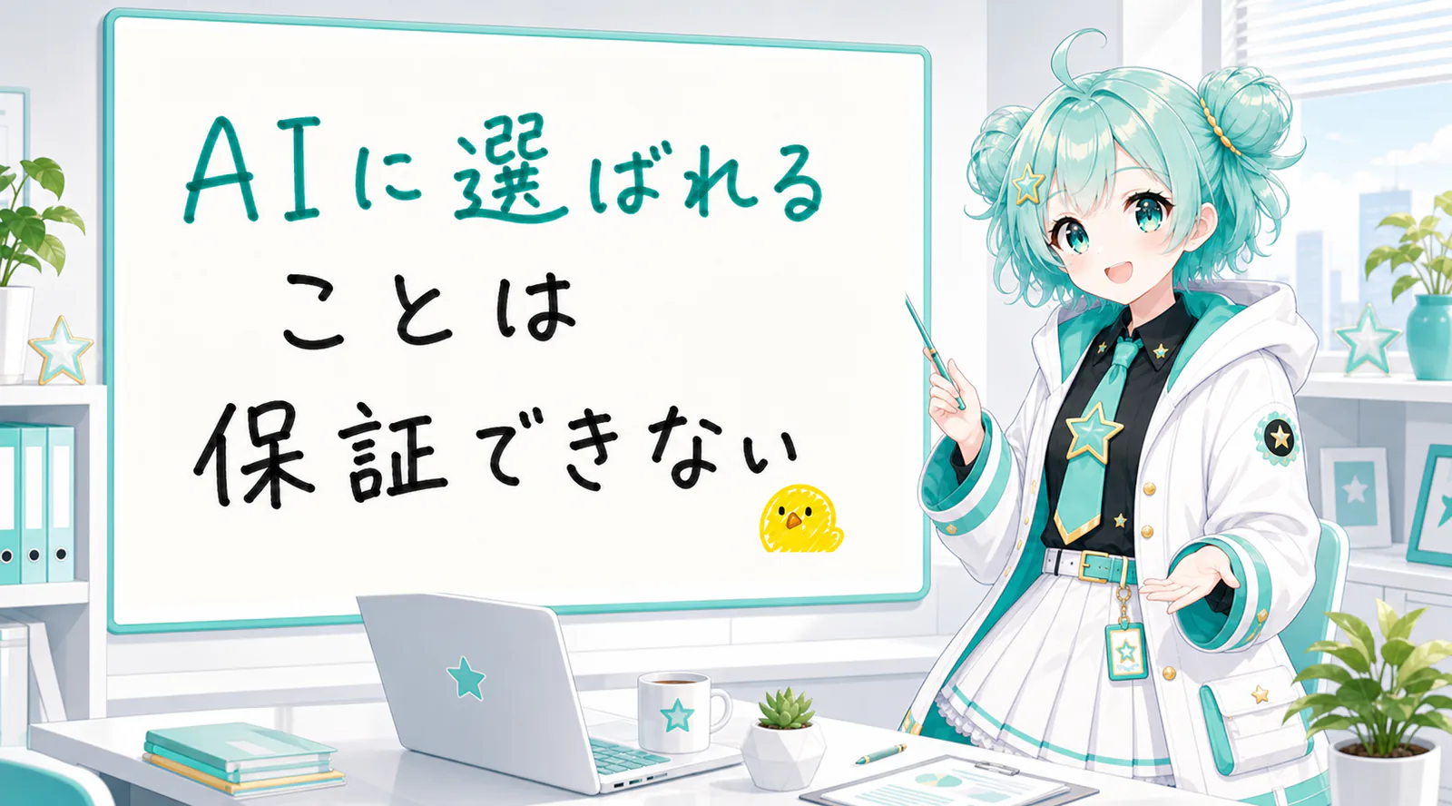 「AIに選ばれることは保証できない」と手書きされたホワイトボードを指す公式キャラクターと、ひよこの落書き
