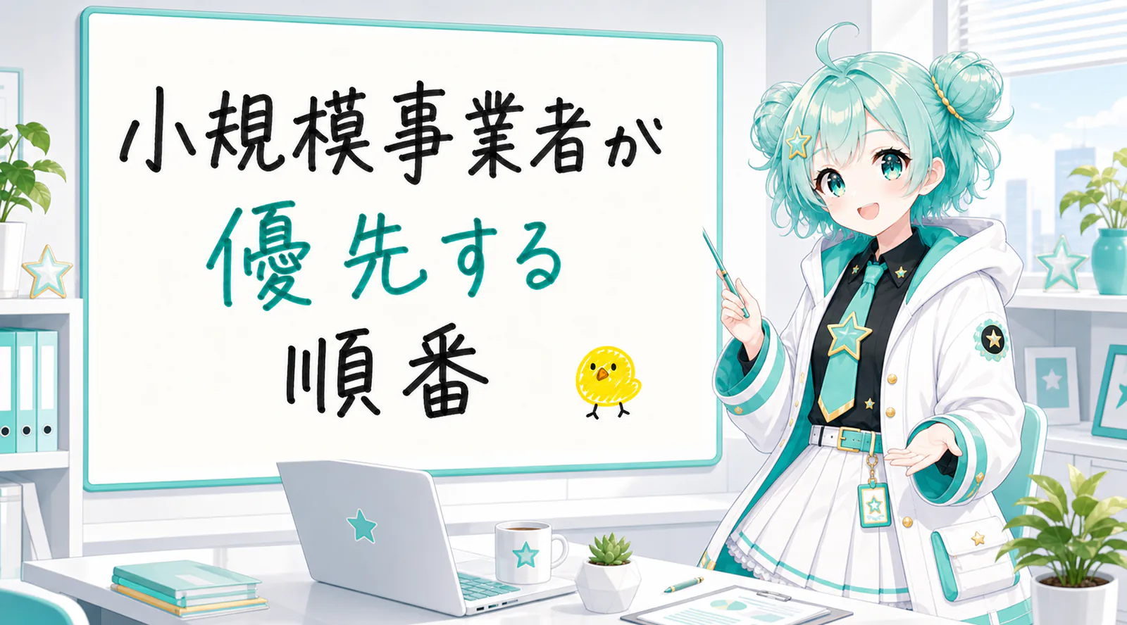 「小規模事業者が優先する順番」と手書きされたホワイトボードを指す公式キャラクターと、ひよこの落書き