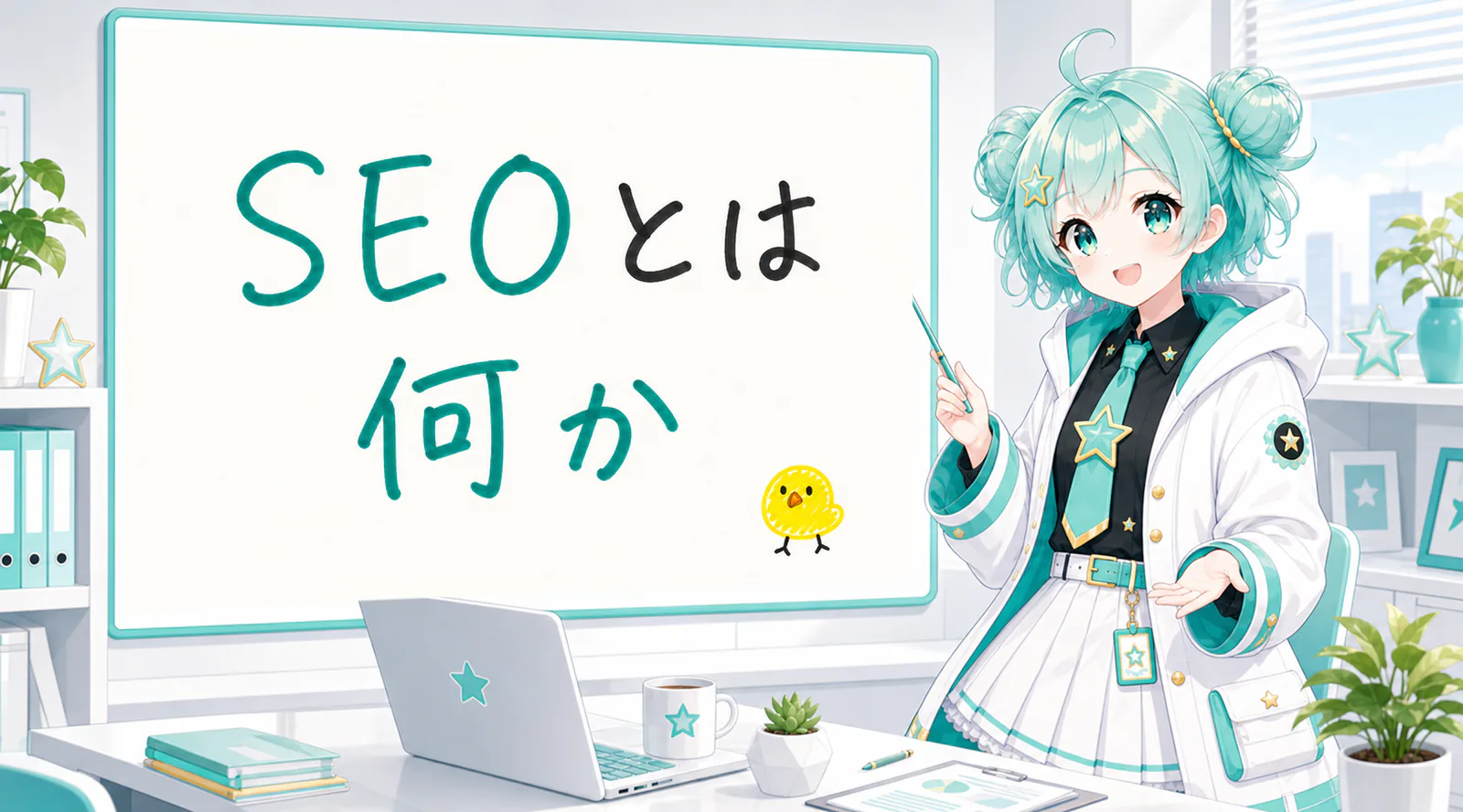 「SEOとは何か」と手書きされたホワイトボードを指す公式キャラクターと、ひよこの落書き