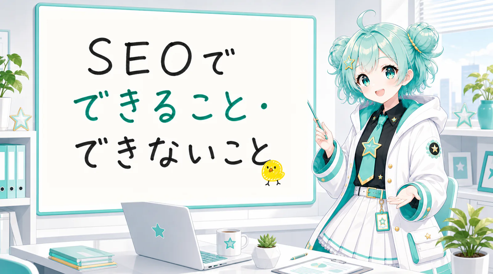 「SEOでできること・できないこと」と手書きされたホワイトボードを指す公式キャラクターと、ひよこの落書き