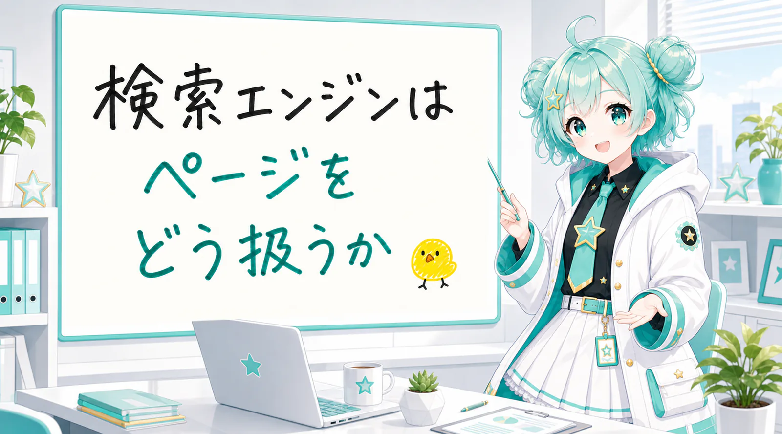 「検索エンジンはページをどう扱うか」と手書きされたホワイトボードを指す公式キャラクターと、ひよこの落書き