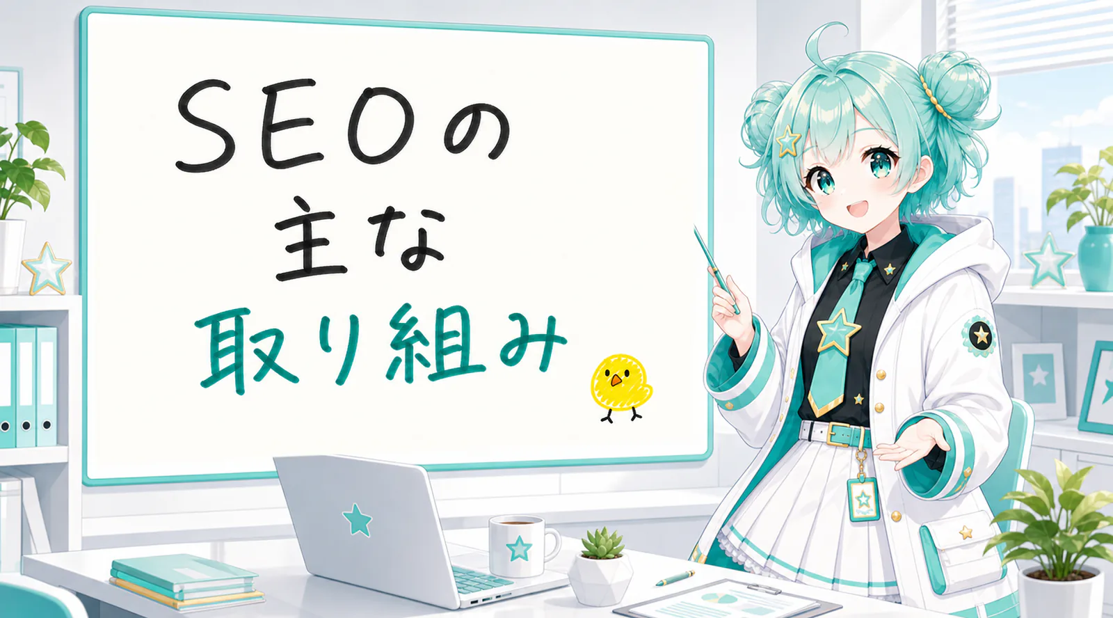 「SEOの主な取り組み」と手書きされたホワイトボードを指す公式キャラクターと、ひよこの落書き