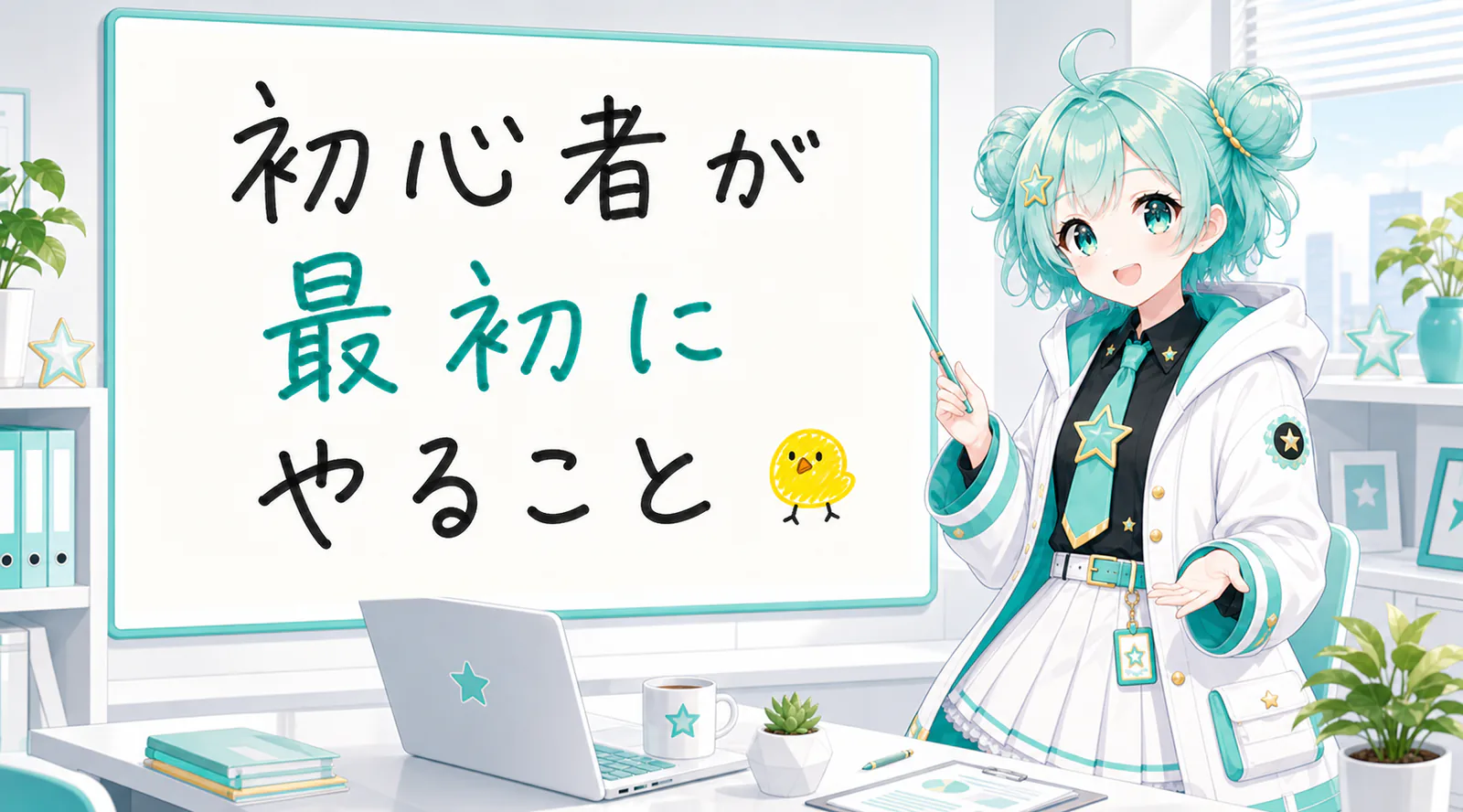 「初心者が最初にやること」と手書きされたホワイトボードを指す公式キャラクターと、ひよこの落書き