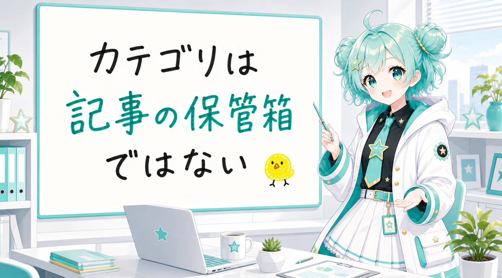 「カテゴリは記事の保管箱ではない」と手書きされたホワイトボードを指す公式キャラクターと、ひよこの落書き